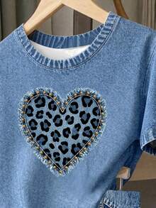 Teen Girl Casual Minimalist Retro Leopard Print Heart Patchwork Embroidery Pattern Loose Round Neck Short Sleeve T-Shirt And Loose Shorts 2pcs Set Suitable For Spring And Summer - Multicolor - View 3