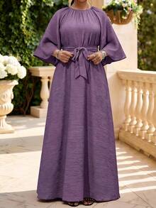 Fleurora Plus Size Women's Round Neck Raglan 3/4 Sleeve Casual Dress Fall - Purple - View 3