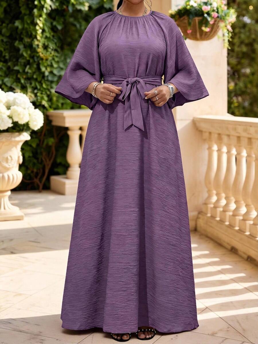 Fleurora Plus Size Women's Round Neck Raglan 3/4 Sleeve Casual Dress Fall - Purple - View 1