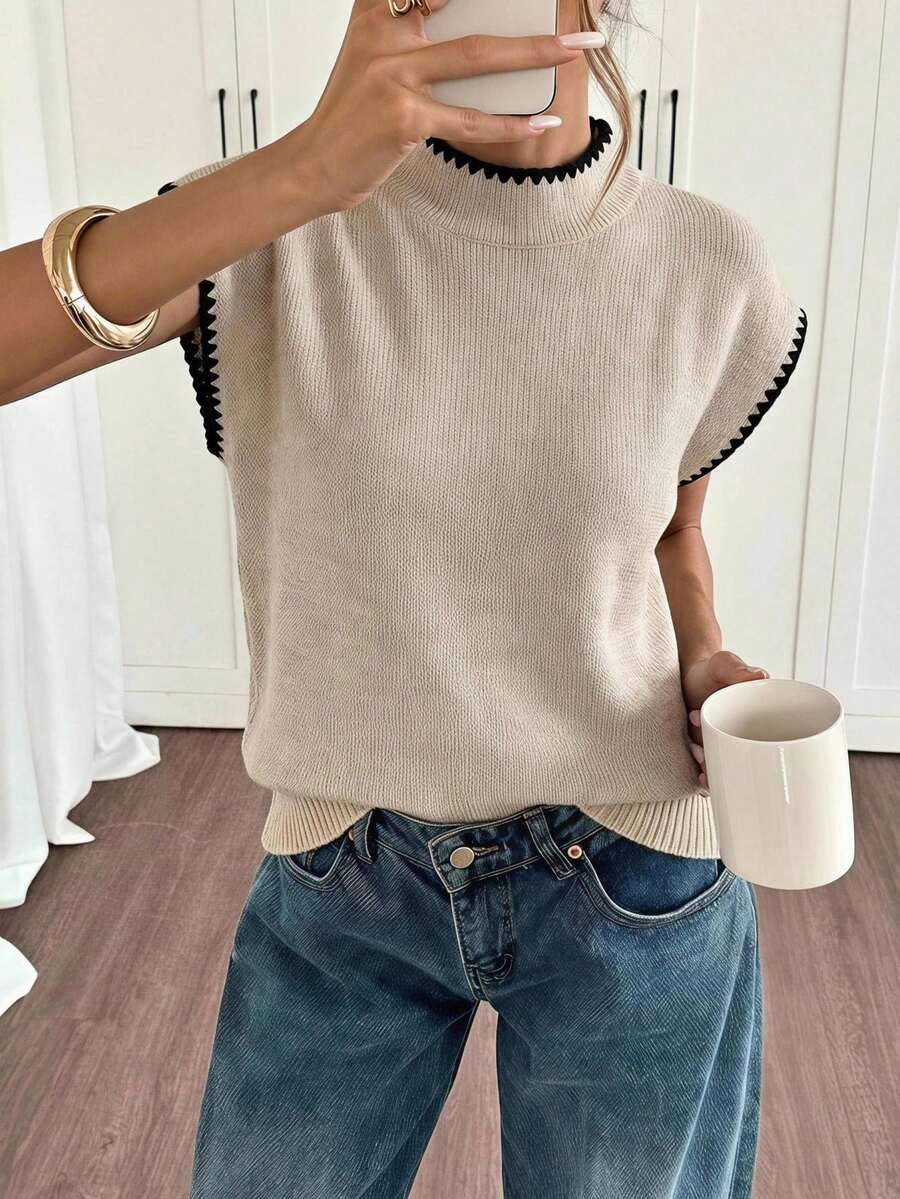 SHEIN 优雅高领宽松休闲百搭无袖刺绣针织背心,适合约会、时尚场合、婚礼、生日、派对、海滩、嘉年华、音乐节等,尺码齐全。 - 彩色 - 查看 1