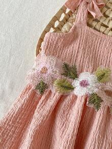 SHEIN Vintaside Kids 2件組女嬰幼童/新生兒0-3歲春夏休閒日常可愛度假條紋蝴蝶結圖案吊帶上衣+短褲套裝 - 粉色 - 查看 8