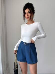 Elenzga 4th Of July Summer Elegant Chic Black Denim Shorts Women Ring Buckle High Waist Commuter Daily - Blue - View 4