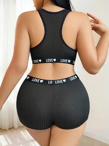 SHEIN 大码休闲简约字母胶带拼接内衣套装 - 黑色 - 查看 2