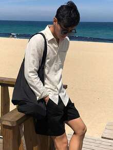 DAZY 長袖素色卡其色寬鬆版型男士襯衫 - 卡其色 - 查看 2
