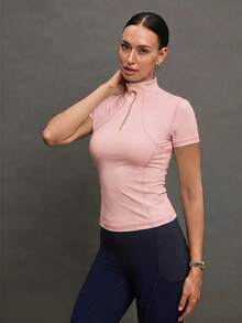 Activina 女款素色短袖拉鍊半開襟立領馬術襯衫 - 粉色 - 查看 2