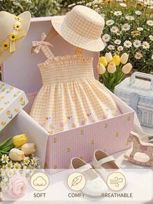 SHEIN Playful Pals 2pc Tots Baby Kid Girl Cute Chic Yellow Check Duck Bow Strap Soft Thin A-Line Dress Hat Set Sun Beach Party Cool Spring New Fun Fit Us Joy Age Cut Buy - Yellow - View 3