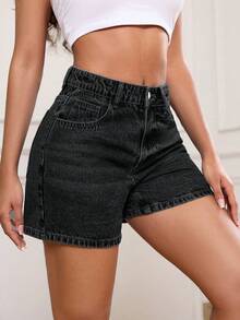SHEIN PETITE 女款休閒百搭牛仔短褲附口袋 - 黑色 - 查看 7