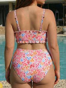 Swim Mod Conjunto de Bikini Talla Grande 2026 Nuevo Primavera/Verano Estampado Floral Aleatorio Decoración de Volantes Cordón Frontal Mujer Lindo Dulce Adecuado para Playa de Verano y Vacaciones - Multicolor - Ver 2