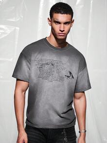 IRON GLYPH Men's Casual Round Neck Drop Shoulder Short Sleeve Letter Print T-Shirt, Holiday - Grey - View 4
