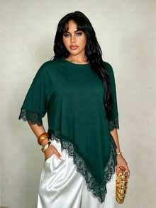Rustia Plus Size Women Solid Color Round Neck Dropped Shoulder Contrast Lace Asymmetric Hem T-Shirt Dinner Formal Dark Green Summer Elegant Casual Formal - Dark Green - View 1
