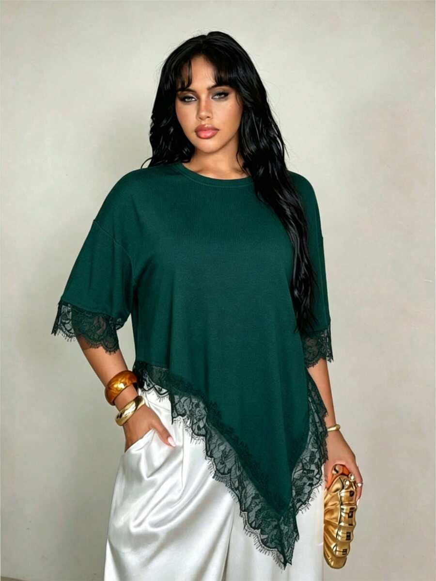 Rustia Plus Size Women Solid Color Round Neck Dropped Shoulder Contrast Lace Asymmetric Hem T-Shirt Dinner Formal Dark Green Summer Elegant Casual Formal - Dark Green - View 1