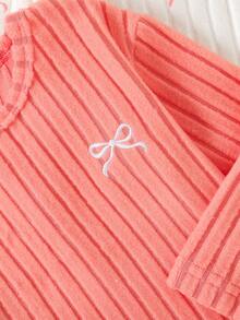 SHEIN Playful Pals Baby Girl Bow Print, Striped, Solid Color Long Sleeve Set - Pink - View 4