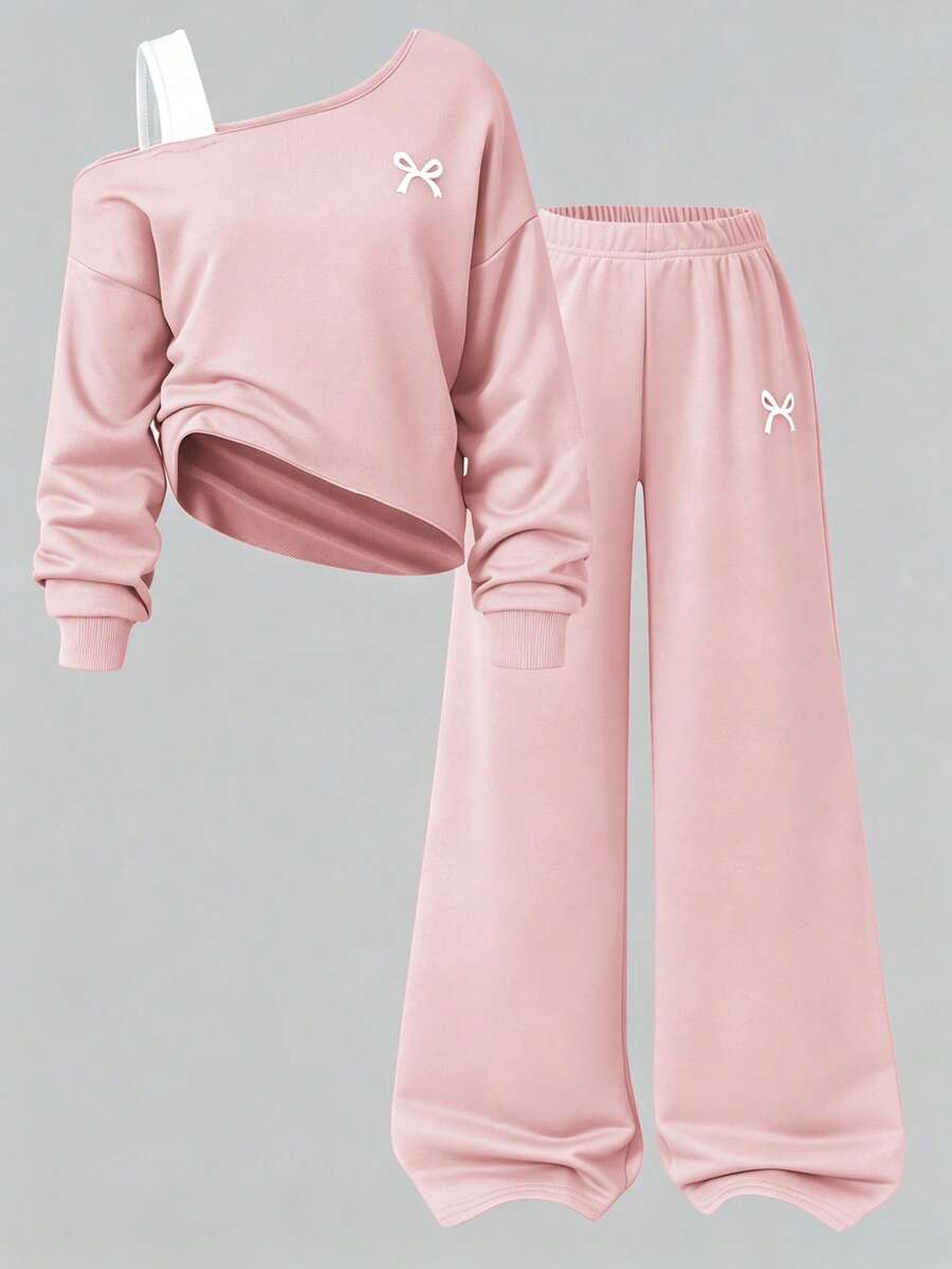 SHEIN 青少年女孩秋季套裝 2件組圓領秋冬衛衣套裝,不對稱肩領口搭配肩帶拼接設計 - 粉色 - 查看 1