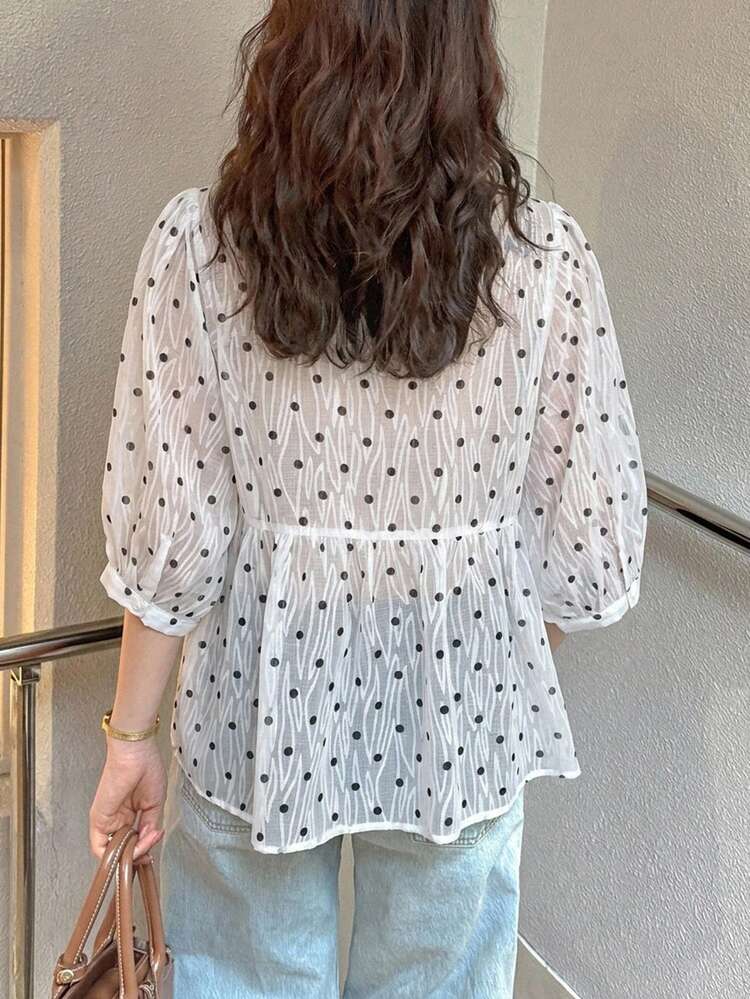 FRIFUL Blusa de mujer con cuello en V y mangas abullonadas, ropa de verano en color negro - Blanco - Añade 2