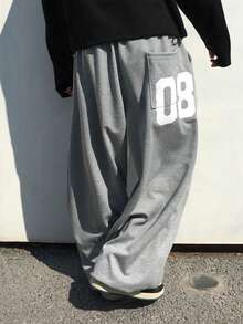 DAZY Long Gray Letter Print Drawstring Hem Design Men Pants - Grey - View 5