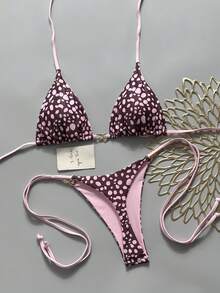Swim Vcay 女款夏季海灘度假比基尼套裝 隨機蛇紋三角無鋼圈掛脖金屬飾邊上衣 側綁繩比基尼褲 - 粉色 - 查看 4