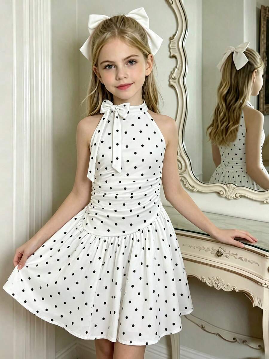 Tween Girl Halter Neck Sleeveless Polka Dot Dress