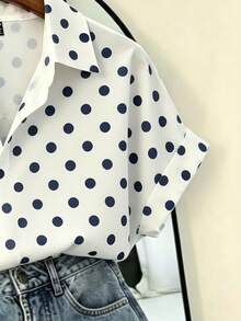 SHEIN Franclia Women's Elegant French White Polka Dot Lapel Half-Open Loose Short Sleeve Shirt, Summer, Teachers' Day, Party Brunch, Beach, Graduation, Casual Shirt - White - View 4
