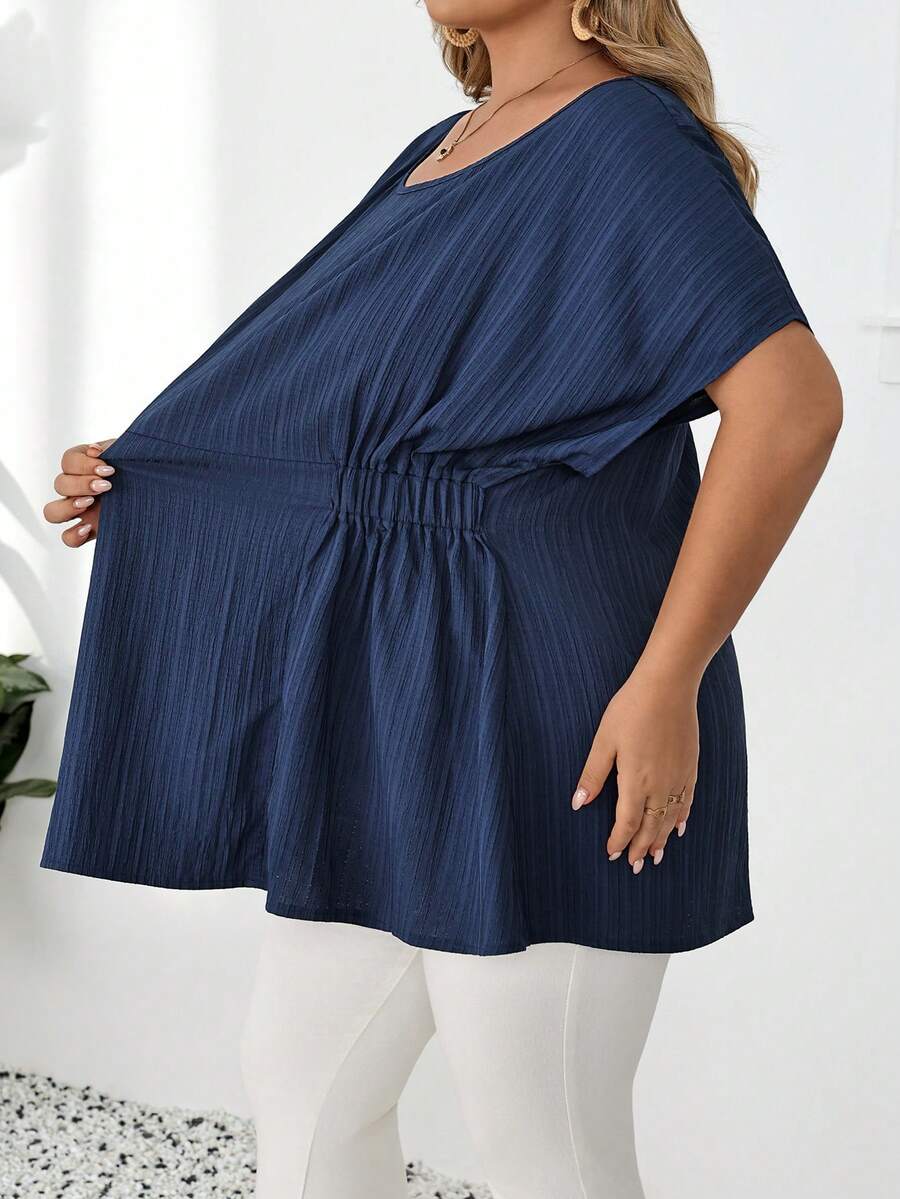 SHEIN CURVE+ Plus Size Women's Vacation Casual Striped Ruffle Hem Shirt - Blue - View 1