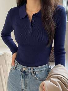 DAZY 女款商務休閒半袖POLO領半鈕扣針織毛衣上衣 - 藍色 - 查看 4