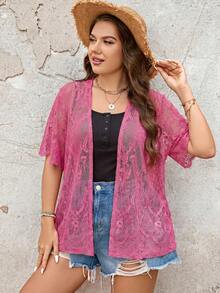 SHEIN VCAY Plus Size Short Sleeve Embroidered Semi-Transparent Kimono Vacation Summer - Red Violet - View 4
