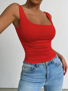 Allurite Summer Casual Solid Color Square Neck Ruched Camisole For New Year Clothes - Red - View 4