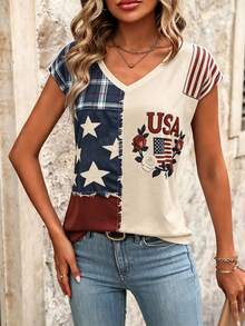 EMERY ROSE Summer Casual Colorblock Patchwork Striped Plaid Star Print T-Shirt - Multicolor - View 5