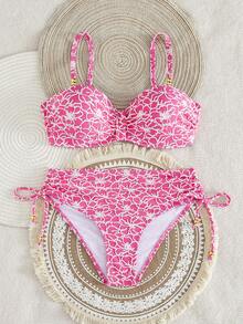 Swim Lushoire Women's Summer Beach All-Over Print Ruched Spaghetti Strap Bikini Top And Triangle Bottom Two-Piece Swimsuit Set - Pink - View 2