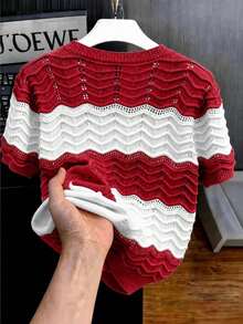EGENSIO Men's Burgundy Wavy Design Crew Neck Short Sleeve Knit Top Vacation Summer Casual Street Wear - Red - View 2