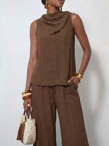 Zivah Summer Commuter Casual Loose-Fitting Coffee Brown Sleeveless Scarf-Neck Top In Linen Fabric+ Wide-Leg Pant Women Two Pieces Set Vacation - Brown - View 9