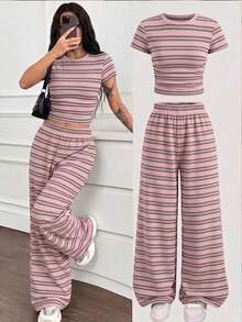 Conjunto de 2 piezas casual con estampado de rayas para vacaciones de verano para adolescentes - Multicolor - Ver 4