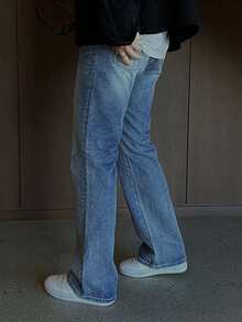 DAZY Long Washed Blue Slightly Loose Straight Leg Men's Jeans - Blue - View 4