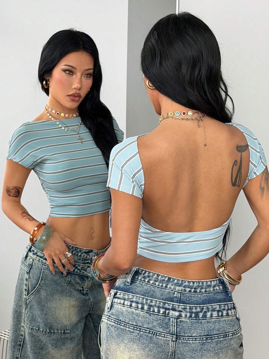 Coolane 女款春季街頭風外出休閒復古日常穿搭條紋彈性舒適棕色胸衣式露背T恤 - 藍色 - 查看 1