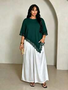 Rustia Plus Size Women Solid Color Round Neck Dropped Shoulder Contrast Lace Asymmetric Hem T-Shirt Dinner Formal Dark Green Summer Elegant Casual Formal - Dark Green - View 3