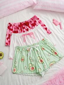 Slumberry CURVE Sweet Cute Ins Cartoon Avocado Heart & Solid Color Plus Size Women's Pajama Shorts 3pcs Set - Multicolor - View 1