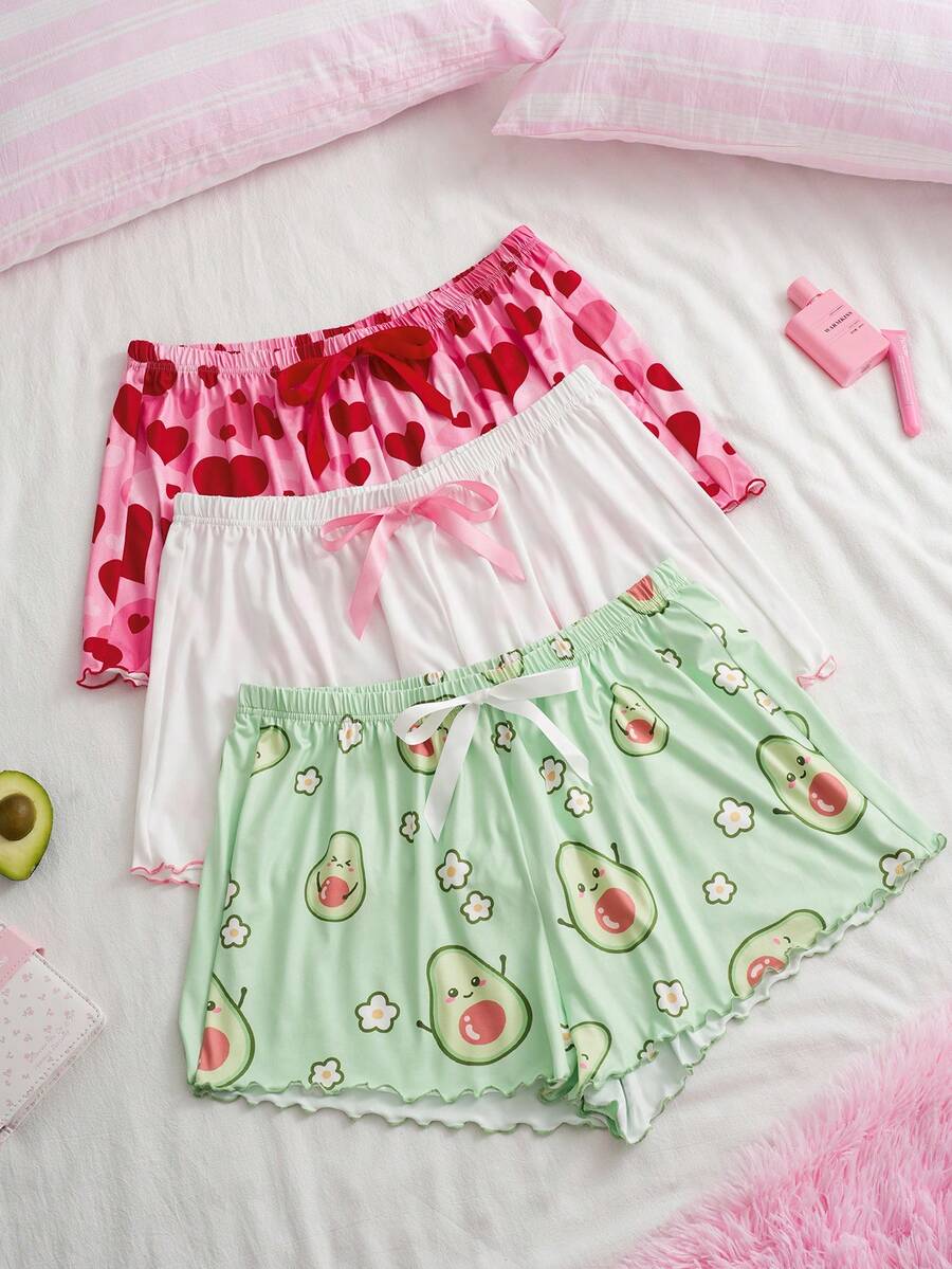 Slumberry CURVE Sweet Cute Ins Cartoon Avocado Heart & Solid Color Plus Size Women's Pajama Shorts 3pcs Set - Multicolor - View 1
