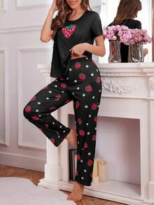 SHEIN Casual Underwear&Sleepwear 女款草莓印花圓領短袖上衣與長褲睡衣套裝 - 彩色 - 查看 3