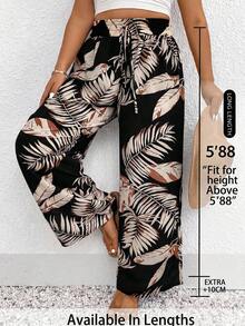 SHEIN Tall CURVE 大码女式热带植物印花抽绳腰休闲裤 - 黑色 - 查看 3