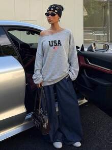 SHEIN EZwear 34%棉淺灰色女款不對稱肩寬鬆休閒長袖衛衣，美國國旗日印花圖案，休閒極簡通勤、外出、夏季 - 灰色 - 查看 5