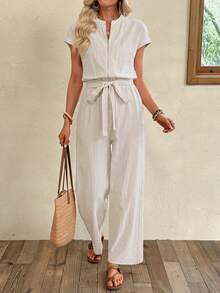 EMERY ROSE Jumpsuit Kasual Wanita Warna Polos dengan Resleting Depan dan Tali Pinggang - Khaki - View 4