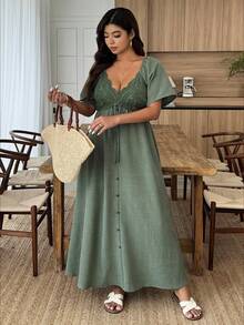 Weeklong Women's Plus Size Spring/Summer Casual Vacation Waist-Defining Exquisite Lace Button Contrast Color Loose A-Line Dress, Suitable For Daily Vacation Wear - Green - View 4