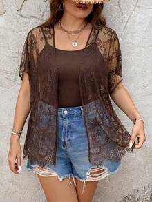 SHEIN VCAY 大尺碼女款蕾絲性感透視開襟外套 日常穿搭 - 棕色 - 查看 5