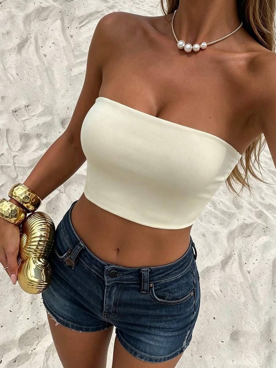 Allurite Women Solid Color Bandeau Backless Sleeveless Top
