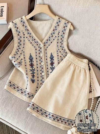 GlowEve Women's Beige Summer Boho Holiday Vacation Holiday Sleeveless V-Neck Vest Cardigan Button Top And High Waist Shorts Two Pieces Set Beach Outfit