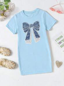 SHEIN Elladie kids 春夏少女休闲时尚创意个性清新简约亮白蓝蝴蝶结装饰图案印花休闲基础款粉色短袖T恤裙，舒适日常穿着，适合春、夏、秋季穿着。 - 藍色 - 查看 5
