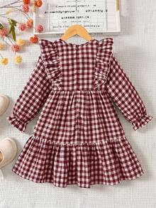 Emery Rose Kids Emery Rose Kids Tween女孩/雙胞胎姊妹套裝－格紋寬鬆可愛復古休閒法式燈芯絨洋裝，長袖設計，適合秋季 - 紅白色 - 查看 6