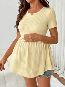 SHEIN Maternity Round Neck Short Sleeve Solid Color Textured High Waist Ruffle Hem T-Shirt - Yellow - View 10