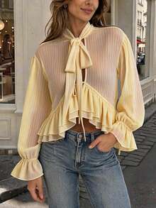 Soleia Women's Solid Color Bow Collar Asymmetrical Ruffle Striped Pattern Blouse Tea Party Pale Yellow Summer Elegant Romantic - Yellow - View 1