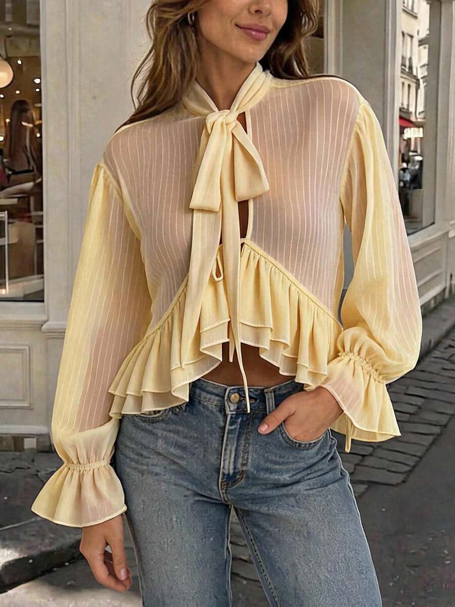 Soleia Women's Solid Color Bow Collar Asymmetrical Ruffle Striped Pattern Blouse Tea Party Pale Yellow Summer Elegant Romantic - Yellow - View 1