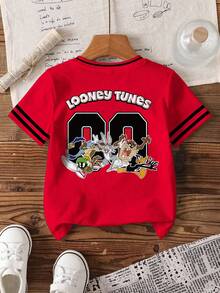 LOONEY TUNES X SHEIN 男童夏季休闲撞色条纹卡通字母图案圆领短袖T恤 - 白色 - 查看 2